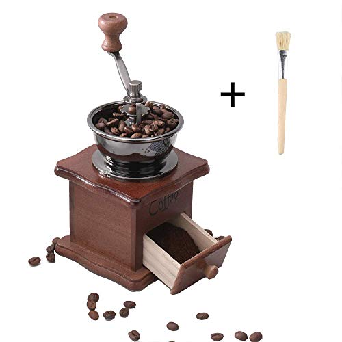 Gleamgo Manual Coffee Grinder Wood Vintage Antique Ceramic Hand Crank Coffee Mill With Adjustable Gear Setting Portable Hand Cleaning Brush Included