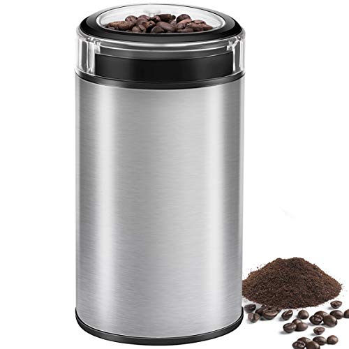 Coffee Grinder Electric Spice Grinder, CUSINAID Stainless Steel Blades Grinder for Coffee Bean Seed Nut Spice Herb Pepper, Transparent Lid with 50g Big Capacity Silver