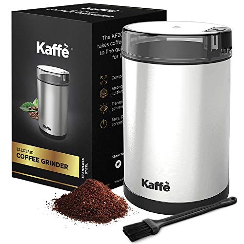KF2020 Electric Coffee Grinder by Kaffe - Stainless Steel 3oz Capacity with Easy On/Off Button. Cleaning Brush Included!