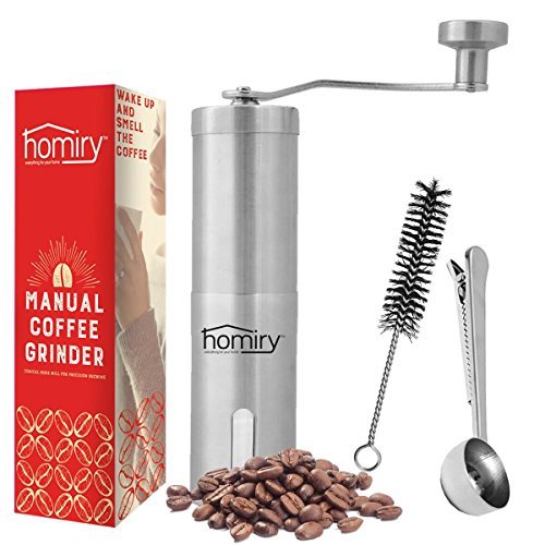 Precision Manual Coffee Bean Grinder By Homiry: Best Portable, Easily Adjustable, Canister Ceramic Burr, Spice and Herbs, Hand Crank Mill-Made Of Stainless Steel-Free Pouch Bag, Cleaning Brush & Scoop