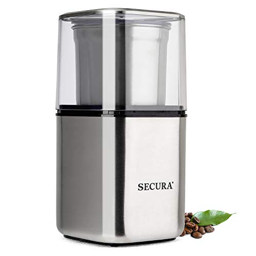 Secura Automatic Coffee Grinder and Spice Grinder with Stainless Steel Blades Removable Bowl, 2.5 Ounce , Silver