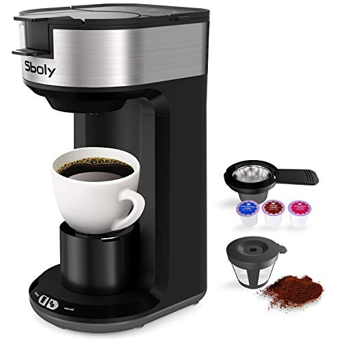 Small Single Serve Coffee Machine, K Cup Pod and Ground Coffee Maker Brewer with Auto Shut-off and Self Cleaning, 6-14Oz Single Cup, Frosted Black