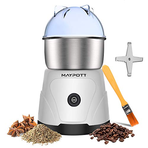 Coffee Grinder Electric Spice Grinder, Maypott 200W Stainless Steel Blade Coffee Bean Grinder 3.5Ounce Capacity with Cleaning Brush, Electric Mills for Coffee Beans, Seeds,Grains, Nut(White)