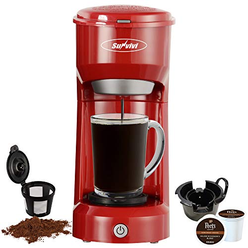 Single Serve Coffee Maker Brewer for K-Cup and Ground Coffee, Coffeemaker With Permanent Filter, 6oz to 14oz Mug, One-touch Control Button(Red)