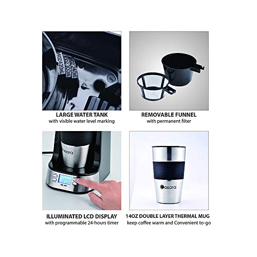 Casara Single Serve Coffee Maker- with Programmable Timer and LCD Display Single Cup Coffee Maker with 14 oz. Double-Wall Stainless Steel Travel Mug