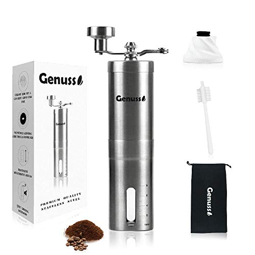 Genuss Manual Coffee Grinder Adjustable Burr Coffee Grinder Portable French Press Coffee Maker Espresso Grinder with 2 PC Conical Ceramic Burr and Cleaning Brush