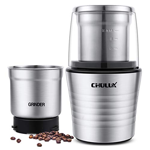 CHULUX Electric Stainless Steel Coffee Spice Grinder,70g Capacity Detachable Grinding and Chopping Cups with Built-in SS304 Blades for Dry/Moist Food,Plus a Cleaning Brush