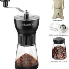 KitchenPROP Manual Coffee Grinder 4 Pcs Set, Adjustable Ceramic Burrs Hand Coffee Mill, with Glass Coffee Container, Coffee Filter Paper Bag and Adjustable Bag, Hand Portable Bean Mill