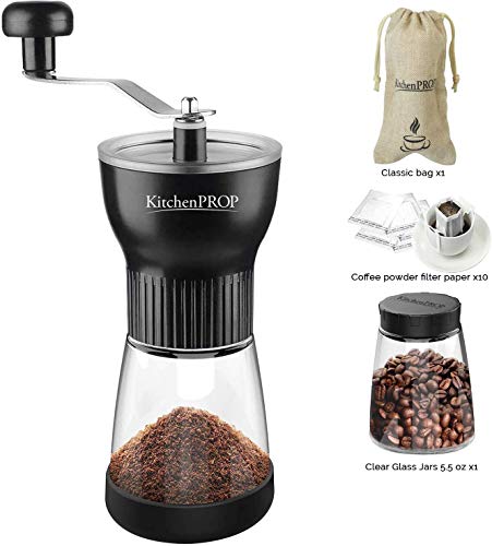 KitchenPROP Manual Coffee Grinder 4 Pcs Set, Adjustable Ceramic Burrs Hand Coffee Mill, with Glass Coffee Container, Coffee Filter Paper Bag and Adjustable Bag, Hand Portable Bean Mill