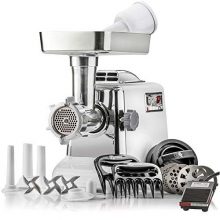 STX Megaforce - Platinum Edition -"Patented Air Cooled" Electric Meat Grinder w/Foot Pedal & Sausage Stuffer - 4 Grinding Plates, 3 S/S Blades, 3 Sausage Tubes, Kubbe Maker, Meat Claws & Burger Press