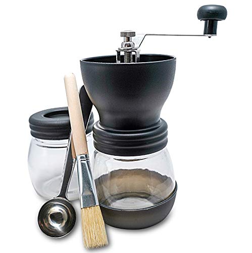 Meg and Mello Manual Coffee Grinder with Ceramic Conical Burr Mill. Infinitely Adjustable Grind, Two Glass Jars, Cleaning Brush, Coffee Tea Spoon Bag Clip. Perfect for Home Travel or Camping