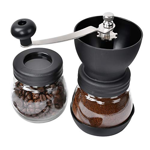 Manual Coffee Grinder with Conical Ceramic Burr and Sealed Coffee Bean Container Infinitely Adjustable Grind, Two Glass Jar, Perfect for Traveling to brew PourOver, Drip, Chemex, Cold Brew, French Press