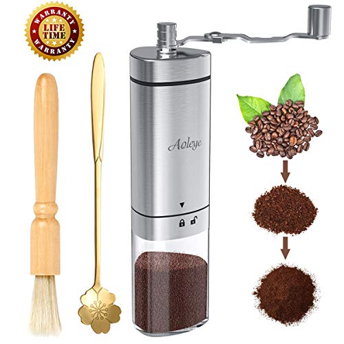 Aoleye Manual Coffee Grinder with Conical Burr,Transparent Stainless Steel Portable Hand Crank Coffee Grinder for Aeropress, Espresso, Conical Ceramic Burr Coffee Mill with Cleaning Brush Coffee Scoop