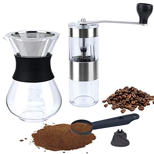 Fecihor Upgraded version Portable Manual Coffee Grinder + Pour Over Coffee Maker set, big screw and Anti-hot design, Pour Over Brewer, Hand Manual Coffee Dripper, Perfect for Traveling to brew Pour Over, Drip, Cold Brew