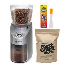 Capresso 575.05 Infinity Conical Burr Grinder, Stainless Steel Bundle with Capresso East Coast Blend Coffee Beans and Coffee Grinder Dusting Brush (3 Items)