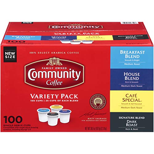Community Coffee Variety Pack Medium to Dark Roast Single Serve 100 Ct Box, Compatible with Keurig 2.0 K Cup Brewers, Rich Smooth Flavor, 100% Arabica Coffee Beans