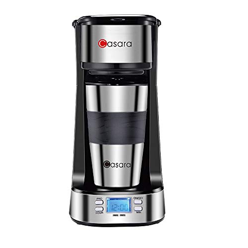 Casara Single Serve Coffee Maker- with Programmable timer and LCD display, Single Cup Coffee Maker with 14 oz. Double-wall Stainless Steel Travel Mug and Reusable Filter,Compact Personal Coffee Maker