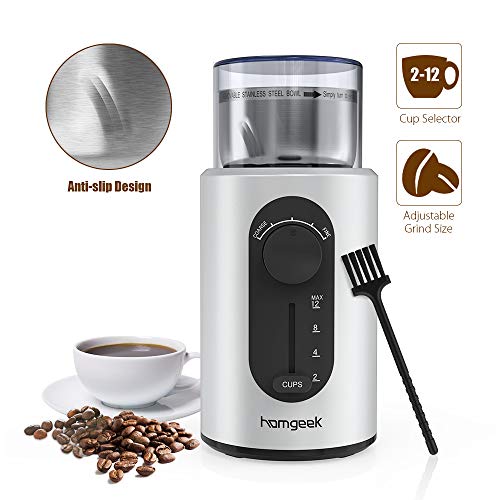 Homgeek Coffee Grinder Electric, Spice Grinder 2.5 Ounce with Cup Size and Coarseness Selector, Stainless Steel Blades, Removable Chamber