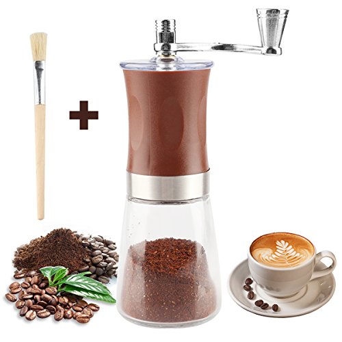 Manual Coffee Grinder with Soft Brush, Pococina Hand Grinder Ceramic Conical Burr Mill Hand Crank Coffee Bean Grinder for Home Office Travel Camping