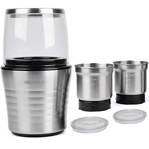 Multipurpose Electric Coffee Bean Grinder with 2 Removable Cups - Premium Stainless Steel Mill Grinding Tool for Seeds, Spice, Herbs, Nuts & Other Dry and Wet Ingredients | 200W Fast Grind in Seconds