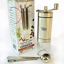Manual Coffee Grinder Gift Set by Holistic 20/20 - Conical Burr Mill Grinder for Coffee Beans and Spices - Ceramic Burr with Multiple Adjustable Settings for Consistent Grind - Brushed Stainless Steel Portable Compact Quiet BPA Free