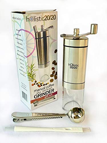 Manual Coffee Grinder Gift Set by Holistic 20/20 - Conical Burr Mill Grinder for Coffee Beans and Spices - Ceramic Burr with Multiple Adjustable Settings for Consistent Grind - Brushed Stainless Steel Portable Compact Quiet BPA Free