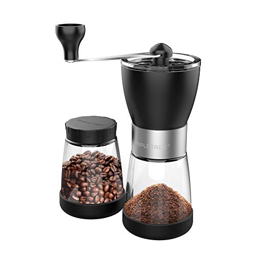 Manual Coffee Grinder, Hand coffee grinder mill with Ceramic Burrs, Two Clear Glass Jars 5.5 oz Each, Stainless Steel Handle, Suitable for Camping and Home Use