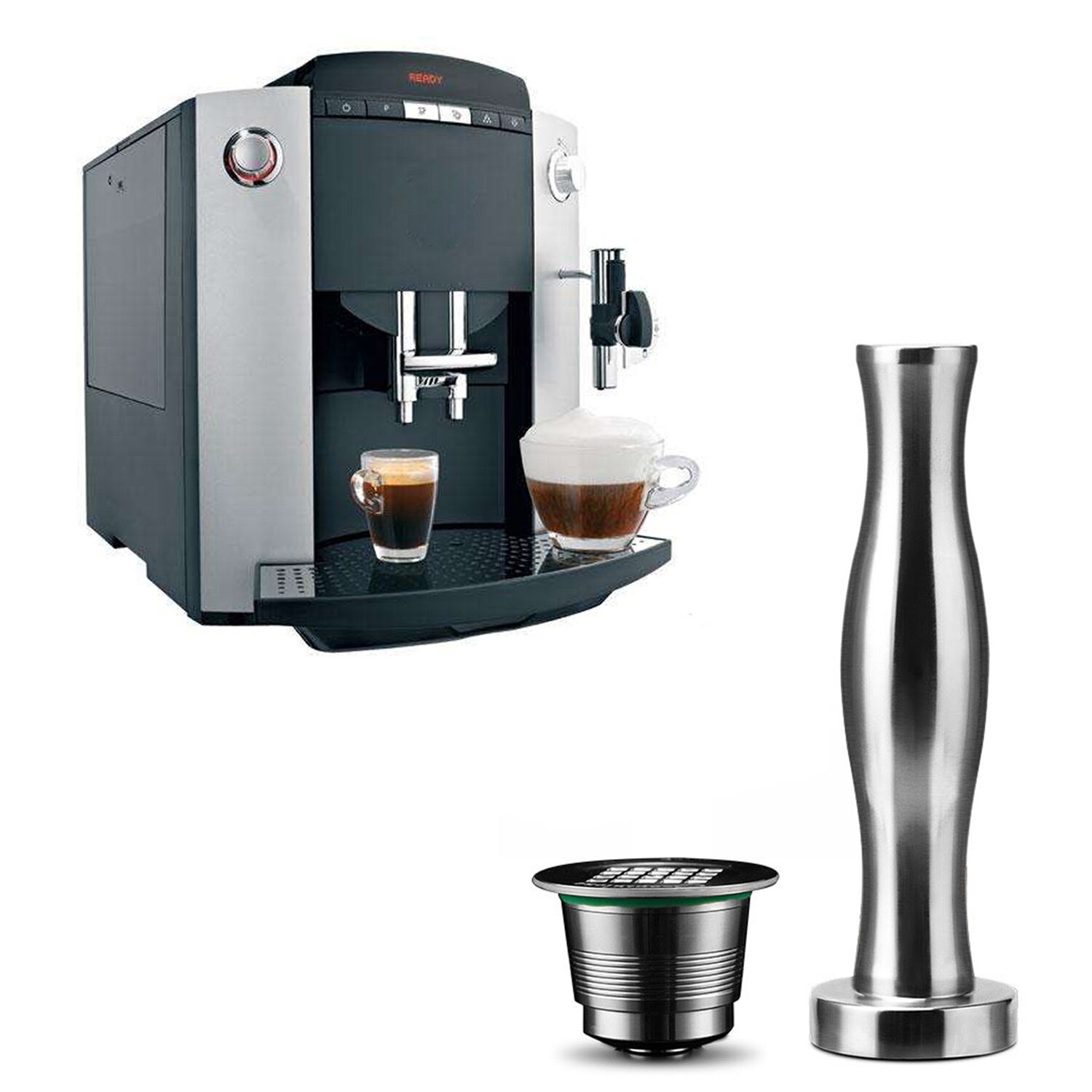 Behogar 1PCS Refillable Reusable Stainless Steel Capsule Cup Capsule Set 1PCS Tamper for Espresso Coffee Machine