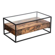 VASAGLE Industrial Coffee Table, Tempered Glass Top with 2 Drawers and Rustic Shelf, Decoration in Living Room, Lounge, Stable Iron Frame ULCT31BX