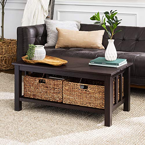 Walker Edison Furniture Company Rustic Wood Rectangle Coffee Accent Table Storage Baskets Living Room, 40 Inch, Espresso