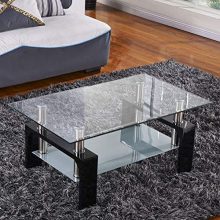Mecor Rectangle Glass Modern Coffee Table with Shelf & Wood Legs Suit for Living Room Black