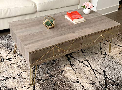 Forest Series Modern Coffee Table with Golden Legs and Artistic Carving (Grey Wash)