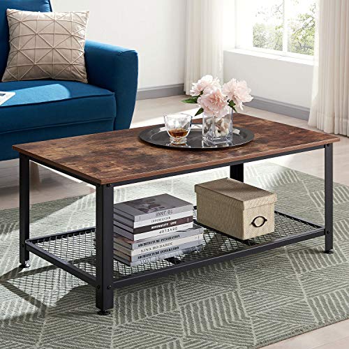 VINEXT Industrial Coffee Table with Storage Shelf, Vintage Wooden Board with Stable Metal Frame, Wood Look Furniture with Rustic Coffee Table for Living Room, Retro Brown