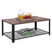 Best Choice Products 42in 2-Tier Rustic Industrial Coffee Cocktail Table, Living Room Accent Furniture w/Wood Finish Top, Metal Mesh Storage Shelf, Adjustable Feet
