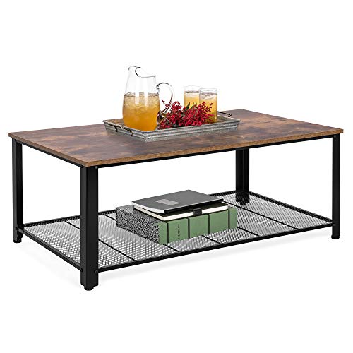 Best Choice Products 42in 2-Tier Rustic Industrial Coffee Cocktail Table, Living Room Accent Furniture w/Wood Finish Top, Metal Mesh Storage Shelf, Adjustable Feet
