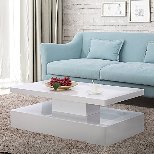 Mecor Modern Glossy White Coffee Table W/LED Lighting, Contemporary Rectangle Design Living Room Furniture