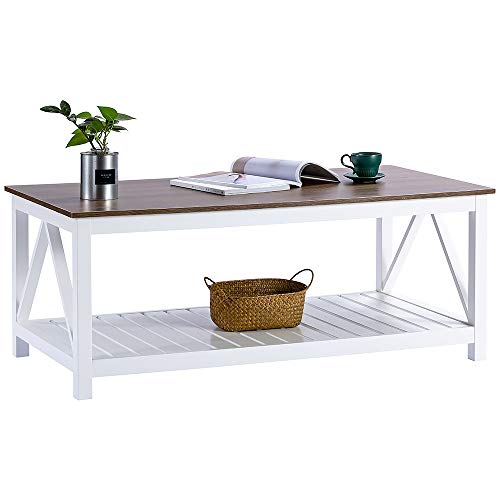 ChooChoo Farmhouse Coffee Table with Wood Top for Living Room, Rectangular Cocktail Table with Shelf, 47 White