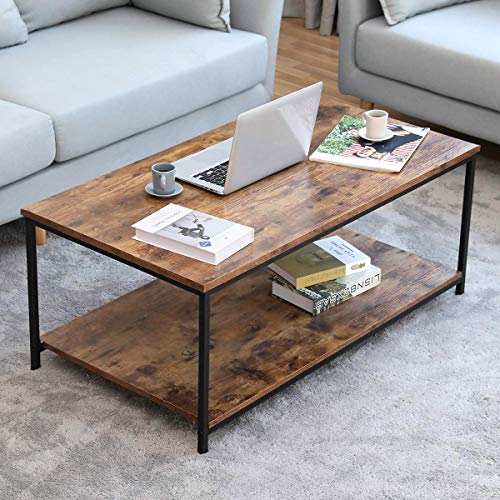 Industrial Coffee Table, BONZY HOME Vintage Coffee Table with Storage Shelf, Wood Look Accent Furniture with Metal Frame Cocktail Table Living Room Coffee Table 