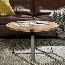WE Furniture Rustic Farmhouse Round Metal Coffee Accent Table Living Room, 30 Inch, Brown Reclaimed Barnwood, Black
