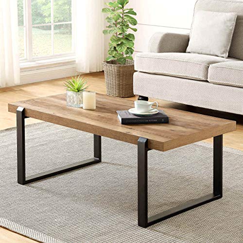 FOLUBAN Rustic Coffee Table,Wood and Metal Industrial Cocktail Table for Living Room, Oak