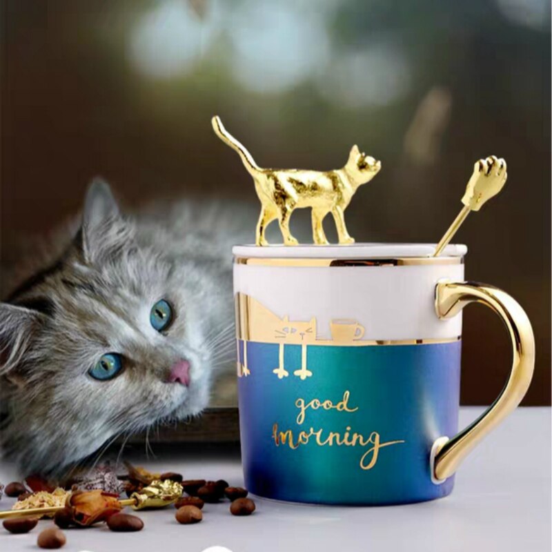 Cute cartoon coffee Cat Mug with spoon Lid