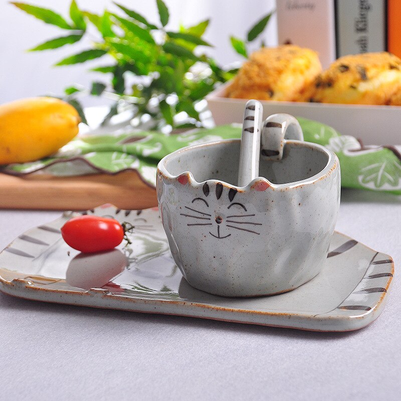 Cartoon Cat Coffee Mugs Plate Handmade