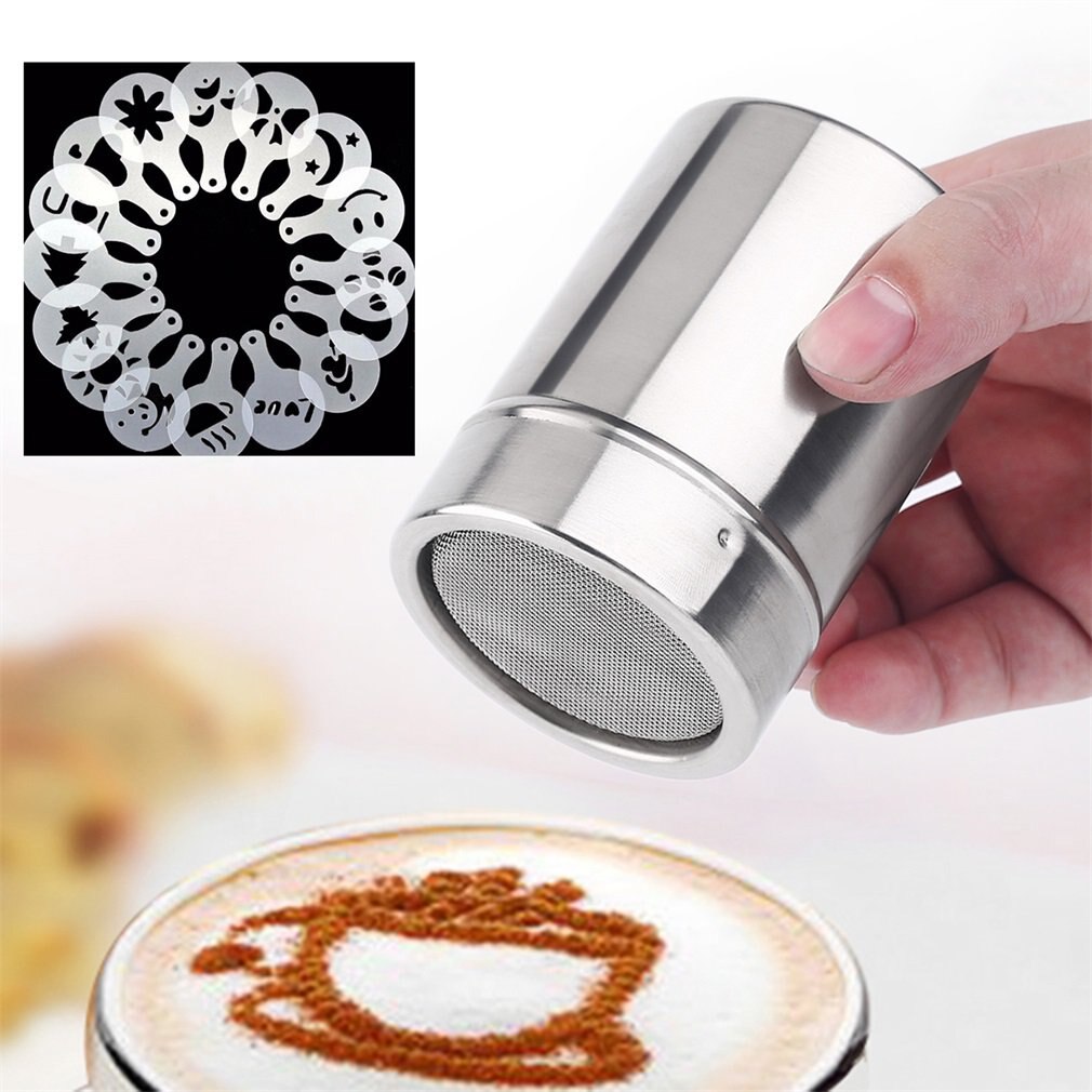 Shaker Cocoa Flour Coffee Sifter with 12Pcs Coffee Stencils Template