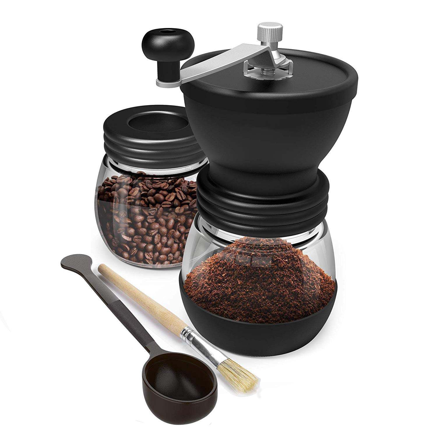Hand Coffee Mill With Two Glass Jars Brush And Tablespoon Scoop