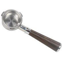 58MM Bottomless Portafilter for Barsetto espresso machines, featuring a wooden handle and high-quality metal construction, ideal for improving espresso extraction visibility and control. 