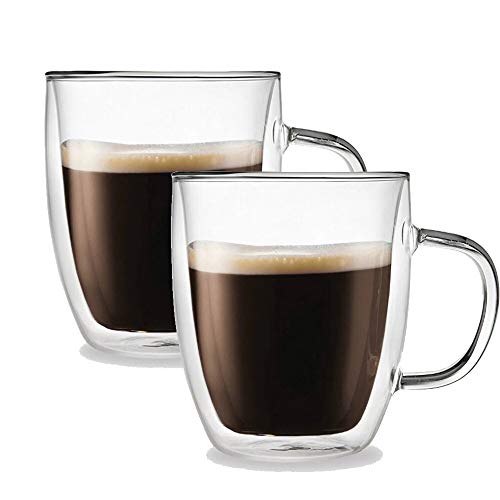 Clear Coffee Mugs Set of 2 - Double Wall Cups with Handle