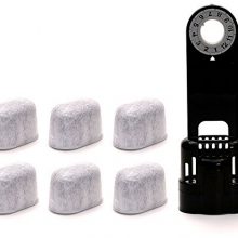 Keurig water filter kit with 6 activated charcoal filters, filter handle, and easy installation for better coffee taste and brewer longevity.