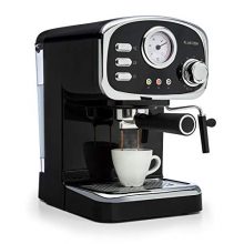 Klarstein Espressionata Gusto Espresso Machine with retro-style temperature display, movable frother, and sleek black design. 