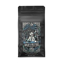 Bag of Bones Coffee High Voltage Blend showcasing bold, ultra-caffeinated hand-roasted coffee beans. 