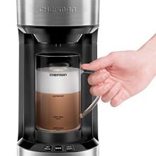 Chefman Froth + Brew Coffee Maker with frothing options for hot and cold drinks, including a 20 oz glass mug and reusable filter. 